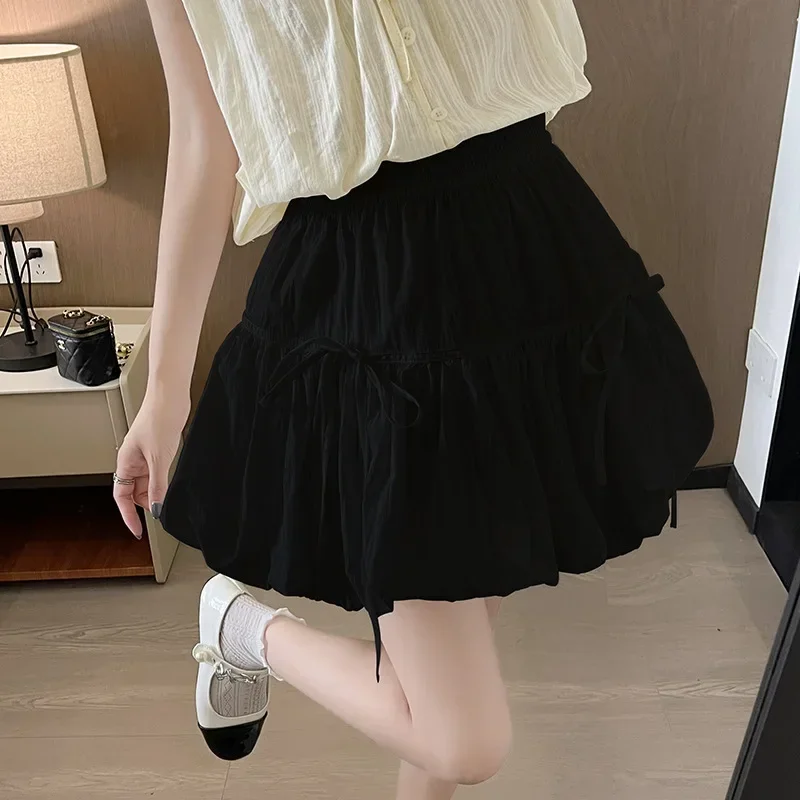 

Summer New Bow Pressed Pleated Fluffy Skirt A Word Solid Color Lantern Skirt Half-body Skirt Korean Fashion Streetwear Dresses