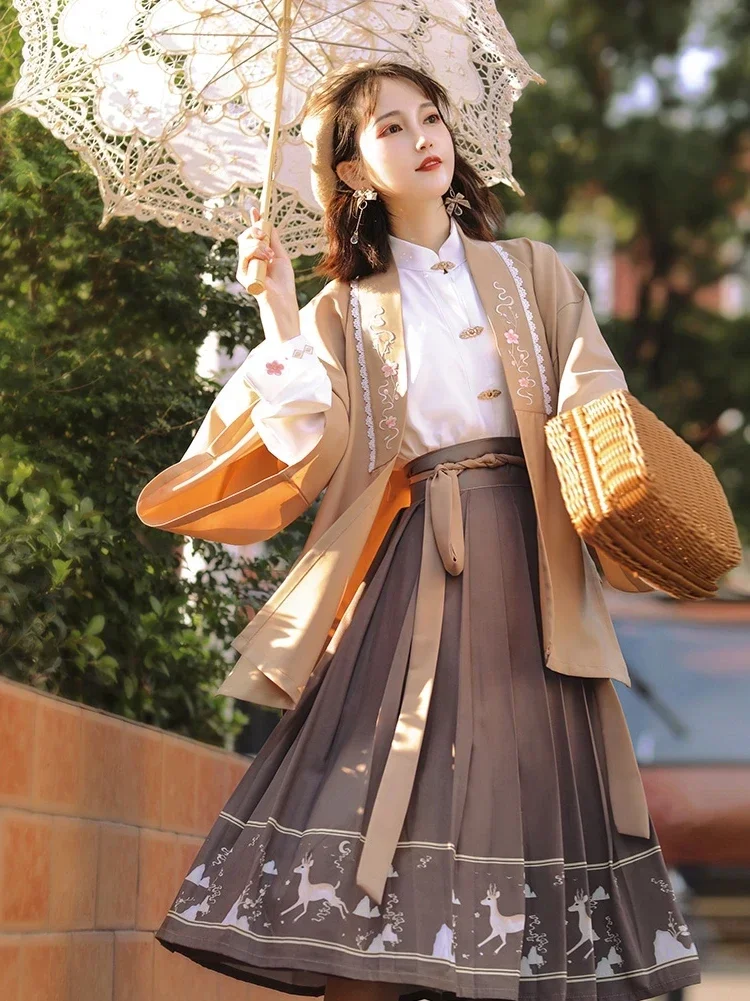 Chinese Traditional Costume Hanfu Modern Style Ming Dynasty Improved Woman Cosplay Fashion Fresh Grace Brown JK Skirt 3PCS Set