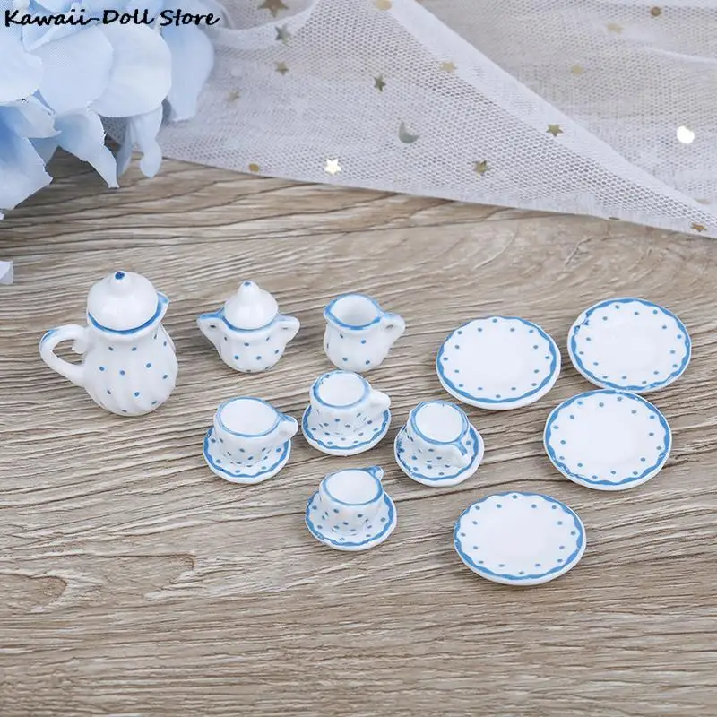 15Pcs 1/12 Dollhouse Miniature Ceramic Tea Cup Tableware Set Kitchen Flower Patten Porcelain Coffee Cup Pot Accessories Kids Toy