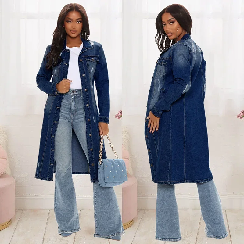 Manteau en Denim de Coton pour Femme, Long, Gothique, Coupe-vent, Y2k, Vestes Maxi Élégantes, Printemps Automne