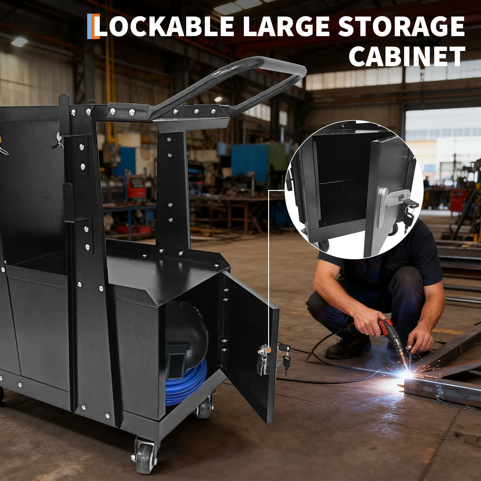 Welding Cart with Lockable Cabinet, 2 Tier Heavy Duty Welder Cart for Mig Welder TIG Welder and Plasma Cutter with 360° Swivel Wheels and Safety Chains, 220 Lbs Capacity view 4