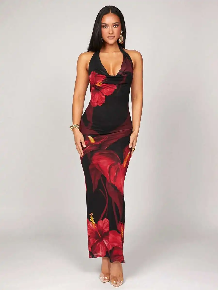 

Black Floral Print Halter Neck Draped Maxi Dress with High Stretch