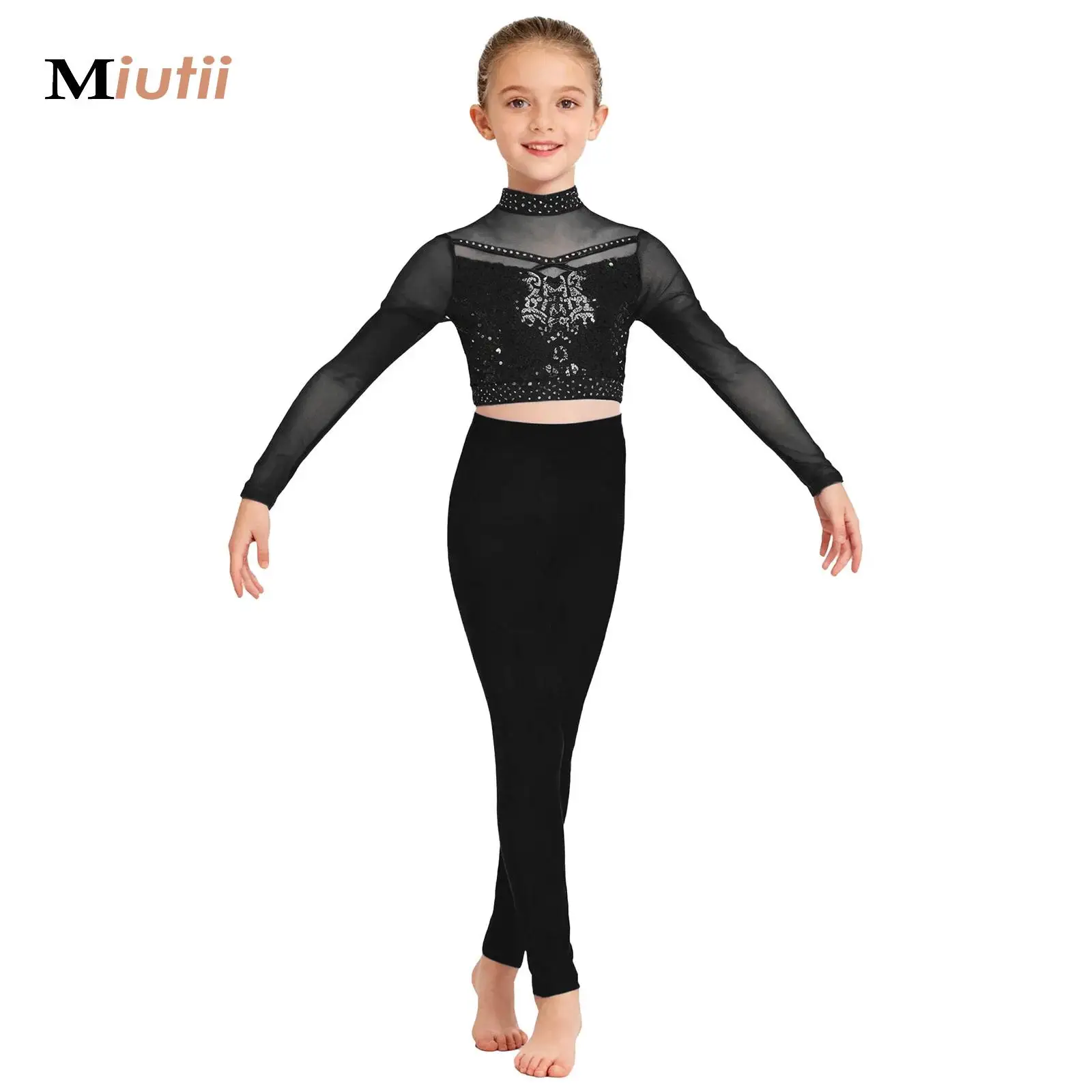 

Kids Girls 2-Piece Ballet Dance Outfits Shiny Sequins Crop Top with Leggings Dancewear Gymnastic Training Exercise Activewear