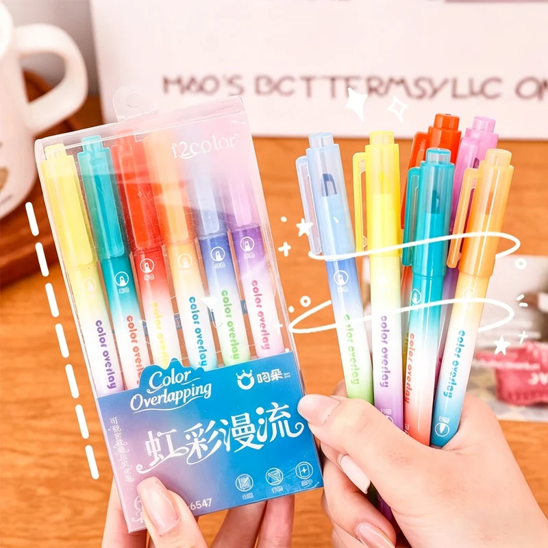 6 sets of 12 color rainbow gradient highlighter pens, stacked colors without smudging, color marker pens, hand account, graffiti