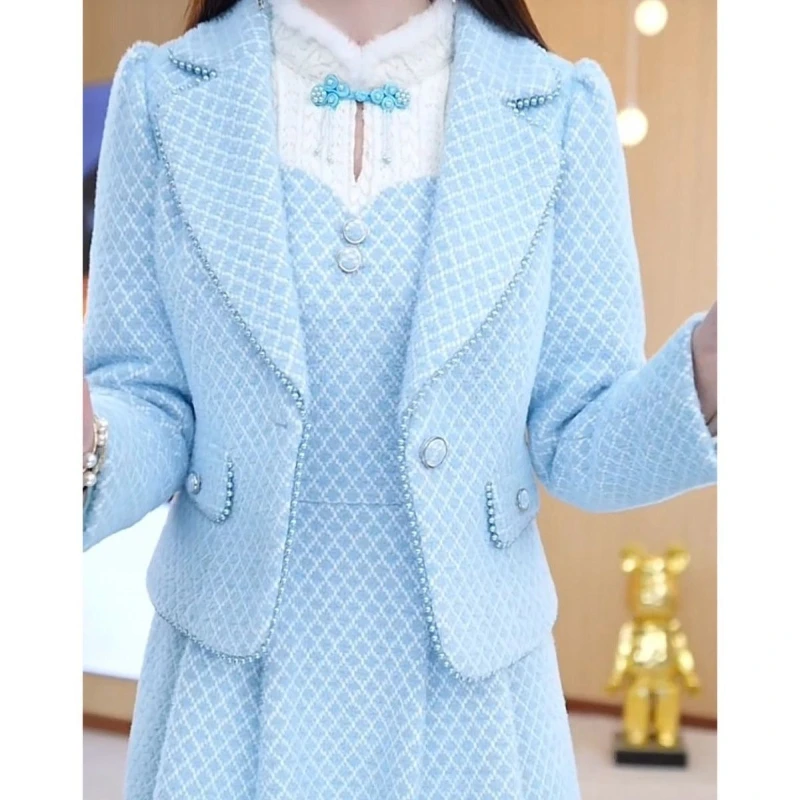 Moda terno colarinho jaqueta de emagrecimento + colete saia feminina outono 2025 novo elegante e engrossado conjunto de duas peças