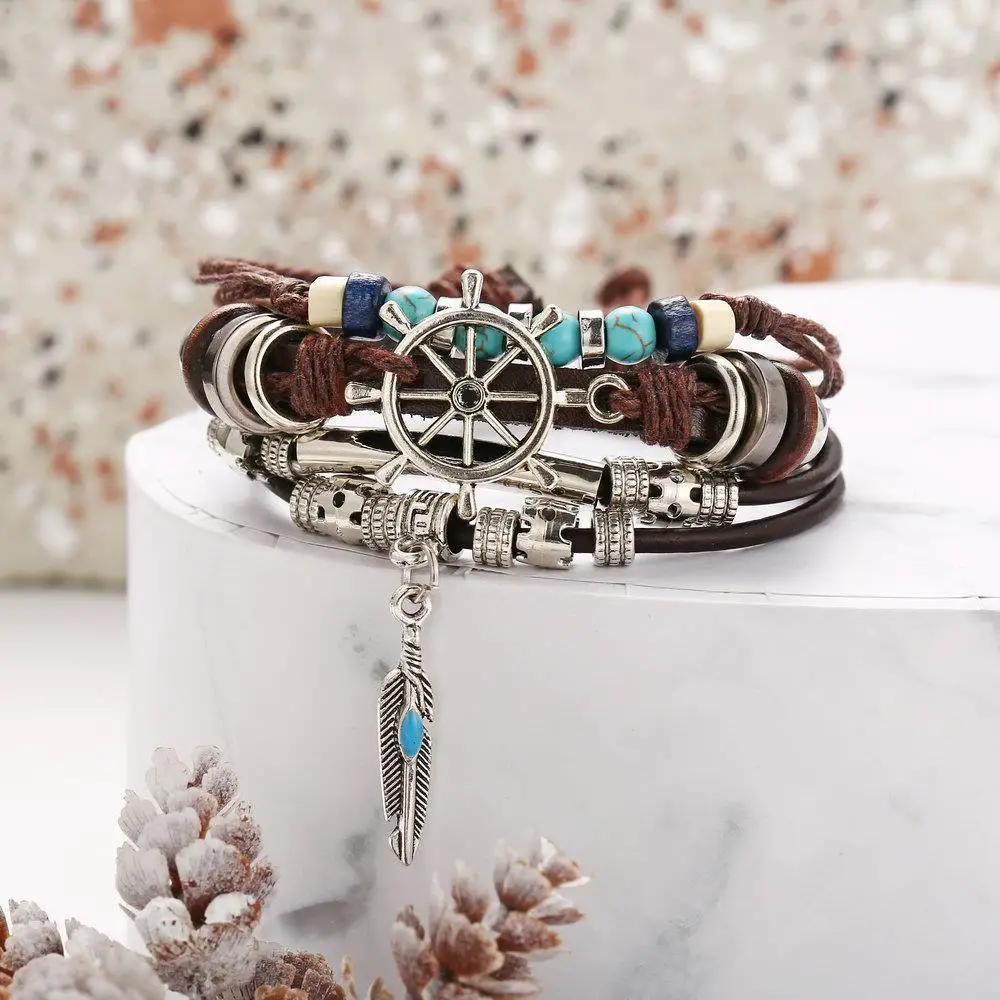 1Pcs Hot Selling Retro Rudder Feather Turquoise Multi-layer Leather Bracelet Wholesale for Men's and Women's Trendy Accessories