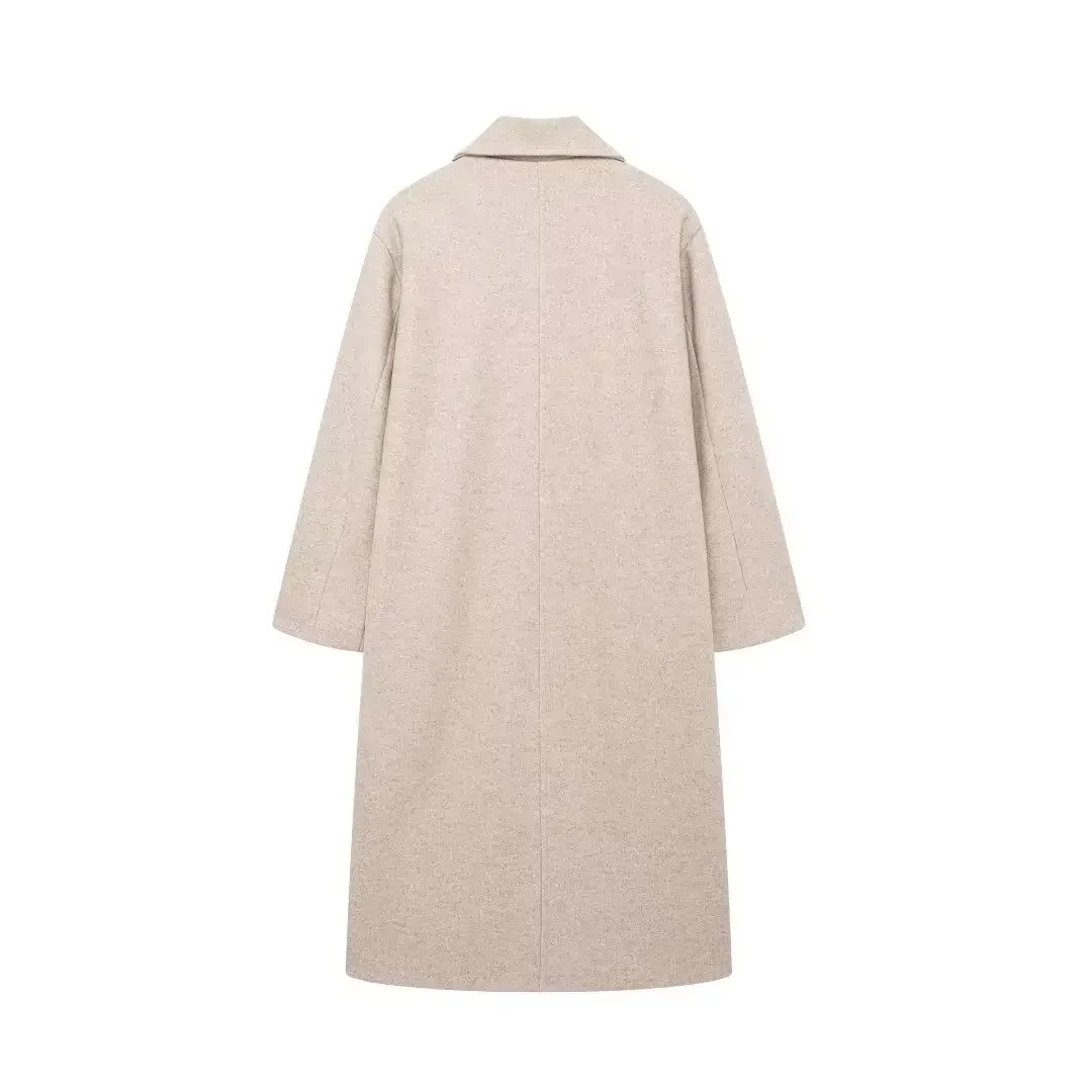 معطف نسائي فضفاض طويل الصدر ، معطف صوف ناعم ، جيب بأكمام طويلة عتيق ، توب أنيق ، موضة جديدة