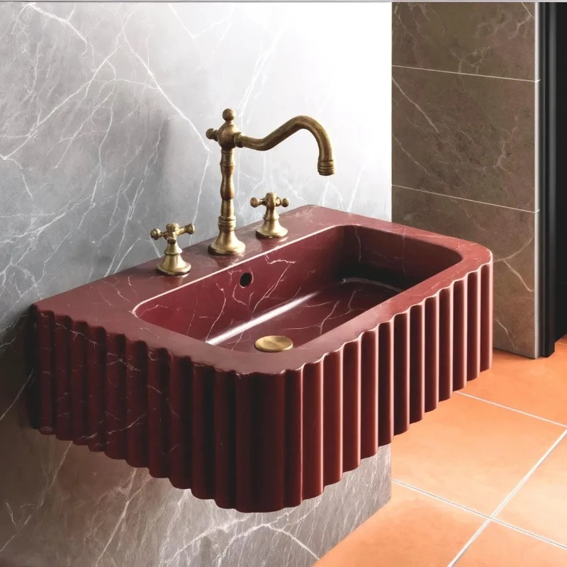 Custom marble stone single basin modern groove rectangular countertop floating sink with faucet drain small bathroom basin set