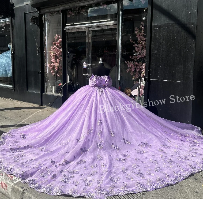 Vestido Princesa Lilás Roxo Quinceanera, Luxuoso Sem Alças, Desossa Transparente, Applique Chapel Train, 15 Anos, 2024