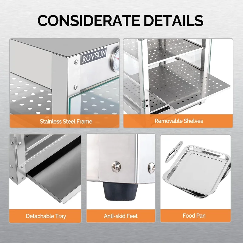 ROVSUN Aquecedor de alimentos de 4 camadas para bancada de aquecedor de pizza, pretzel de exibição de alimentos com prateleiras removíveis de iluminação LED