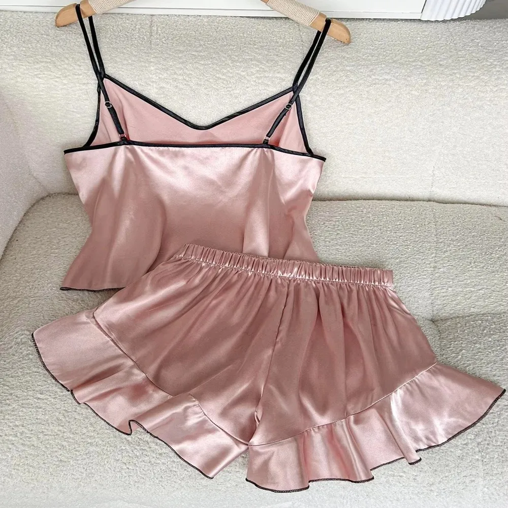 

Sweet Homewear Women's Pajamas Set V-neck Soft Two Piece Nightwear Ruffle Casual Satin Silk Suspender Pajamas Women