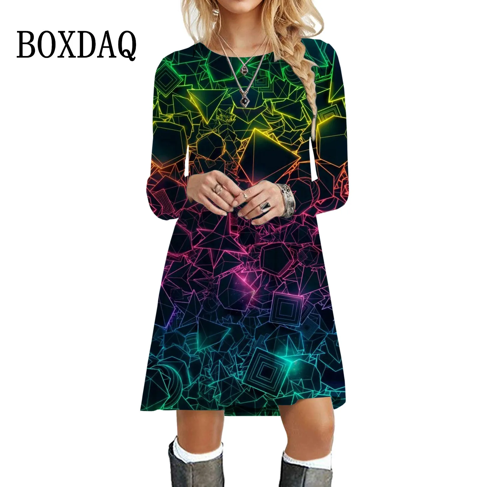 

Geometry Pattern Gradient Women Dress Oversized Clothing Autumn Fashion Long Sleeve Hip Hop Dress Casual Streetwear Loose Dress