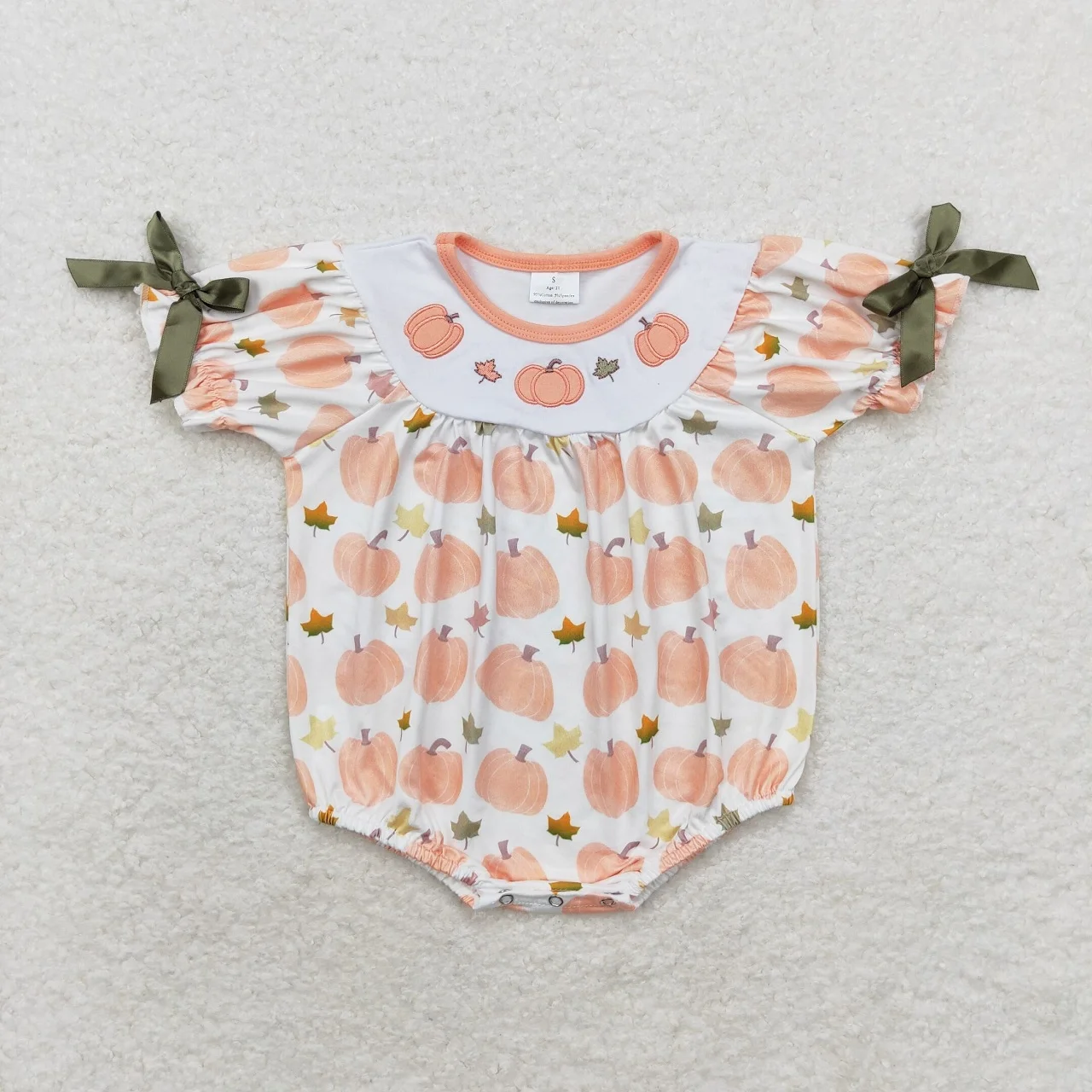 Wholesale Summer Newborn Embroidery Romper Baby Girl Short Sleeves Pumpkin Fall leaves Jumpsuit Kids Toddler Bubble One-piece