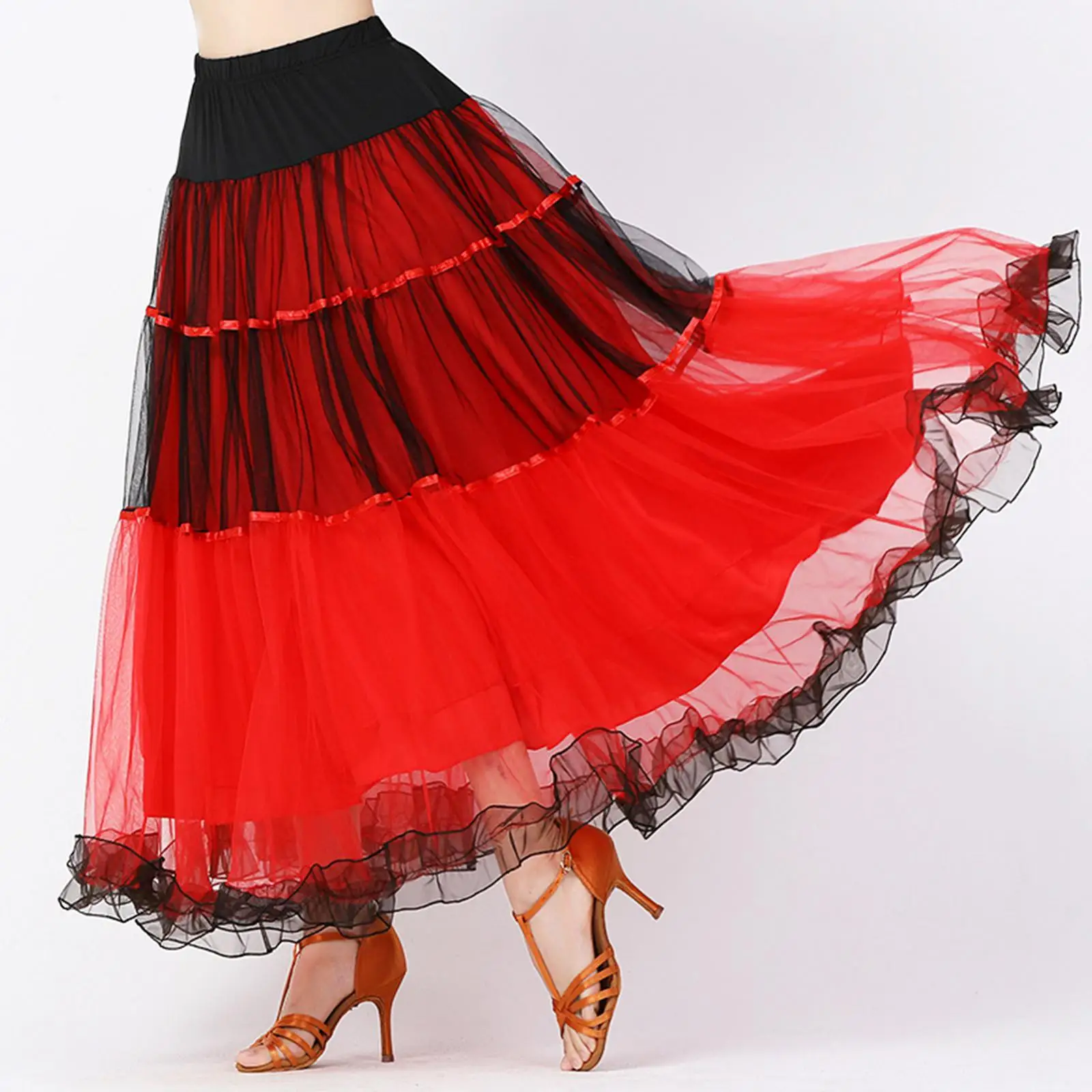 Womens Ballroom Dans Rok Waltz Flamenco Kostuum Elastische Tailleband Grote Schommel Volwassen Dans Slijtage Buikdans Kostuum Accessoires