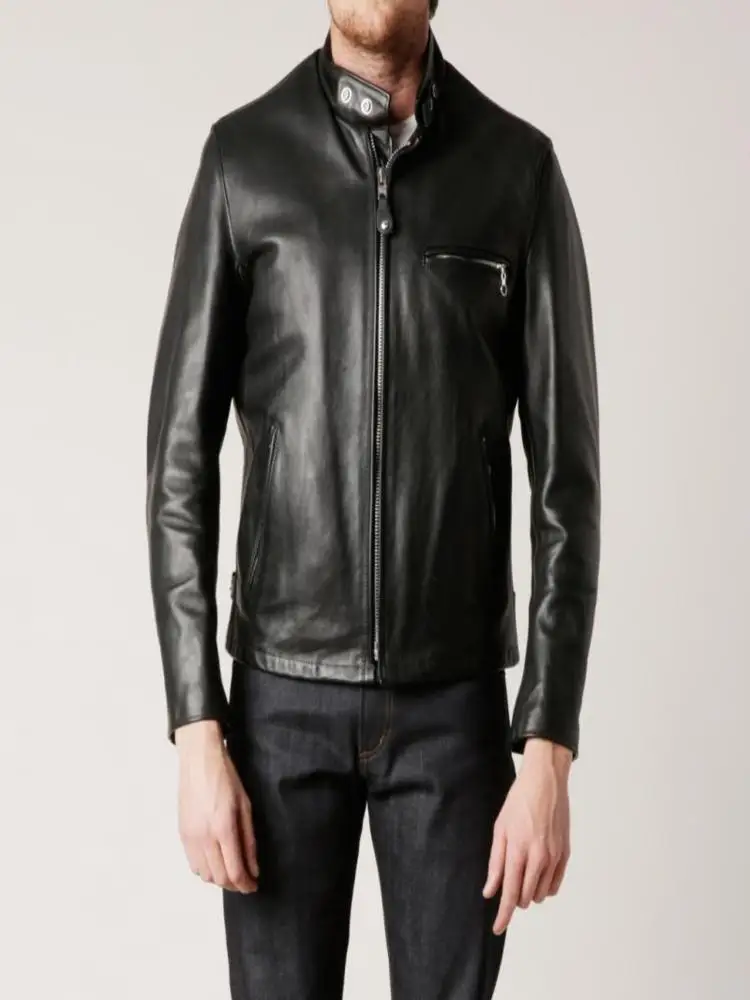 

YR!Free shipping.quality Japan horsehide jacket,classic cafe racer leather outwear,fashion Man genuine coat,thick