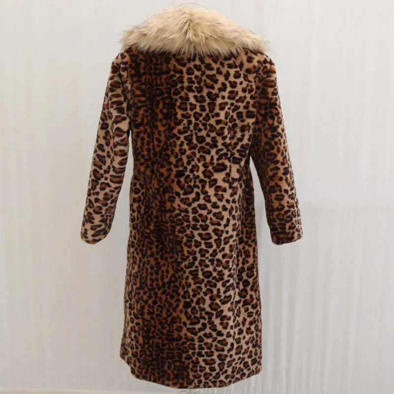 Leopard Long Faux Fur Coat Women Autumn Winter Large Jacket Overcoat Turn Down Collar Thick Coat Warm Jackets Maxi Coats