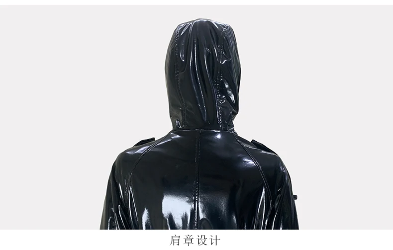Nerazzurri Autumn Extra Long Shiny Black Soft Patent Pu Leather Trench Coat for Women with Hood Double Breasted European Fashion