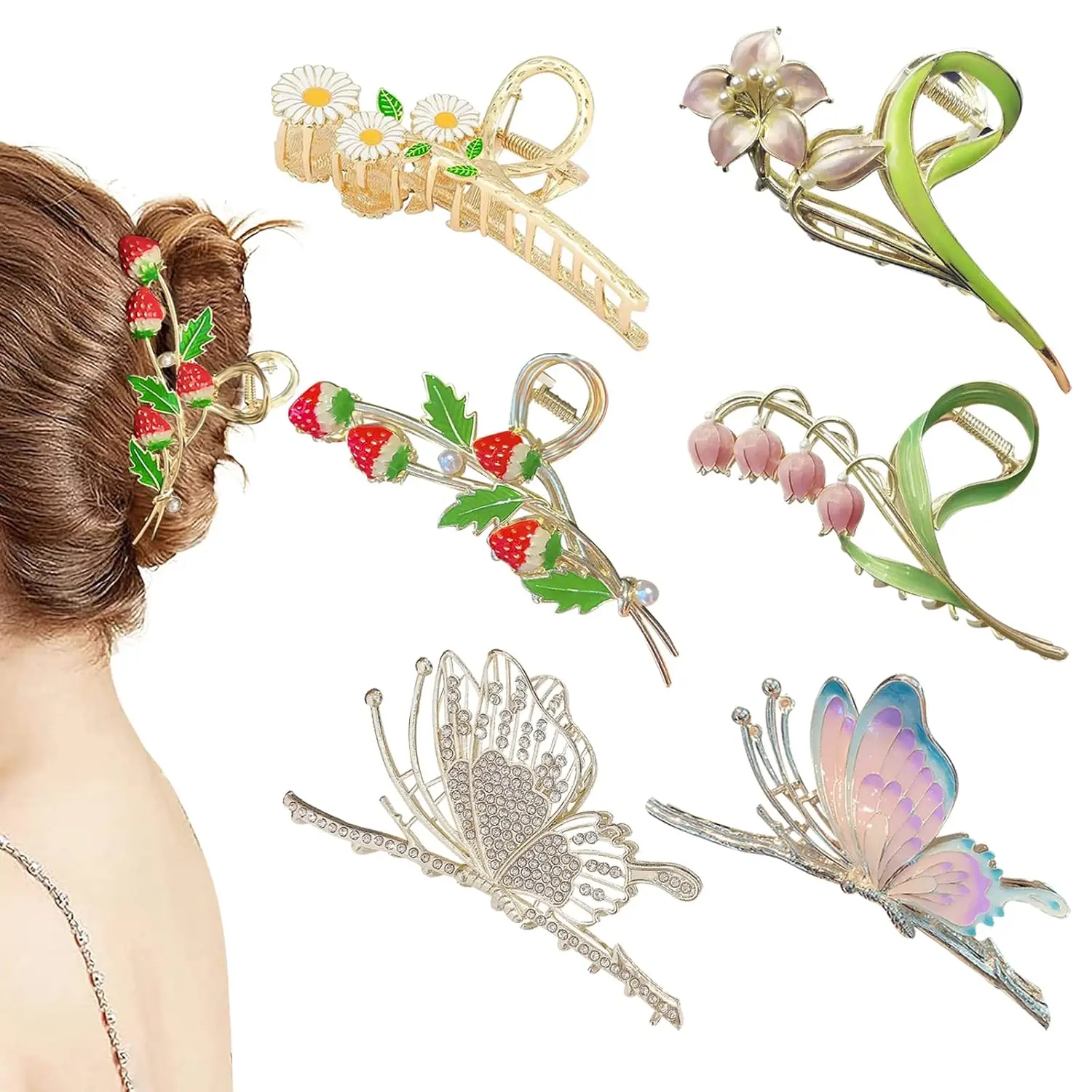 

6Pcs Large Metal Butterfly & Flower Hair Claws for Women, Strong Hold for Thick Hair
