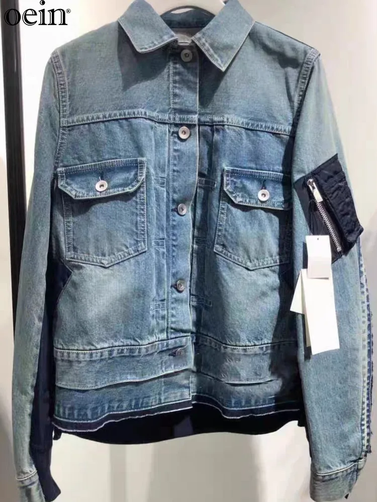 FOG SACAI SS24 Japanese Design Sense Early Autumn New Long Sleeved Casual Patchwork Denim Jacket Clothes