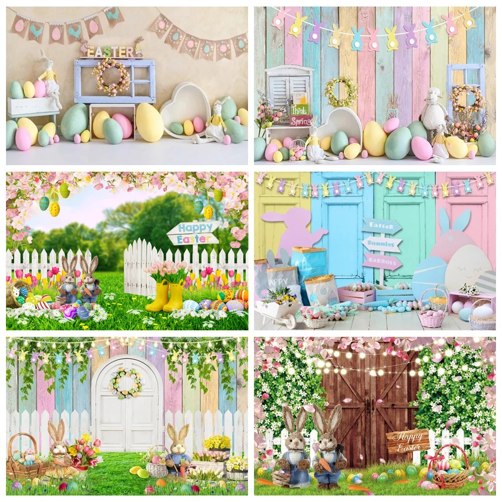 

Colorful Wood Board Easter Photography Backdrops Easter Eggs Bunny Green Grass Floral Background Baby Portrait Photo Booth Props