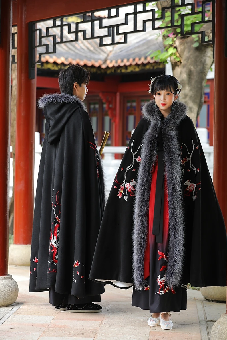 

Men Hanfu Cloak Women Winter Warm Coat Chinese Thickness Overcoat Ancient Traditional Tang Dynasty Cosplay Ladie Clothing Black