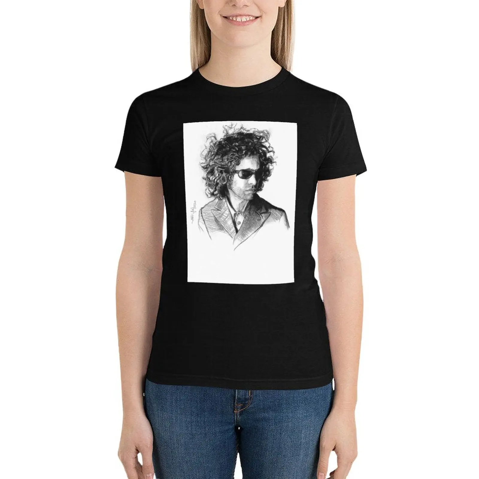 

Andrés Calamaro - Charcoal Portrait Drawing T-Shirt summer clothes vintage clothes t shirt Women