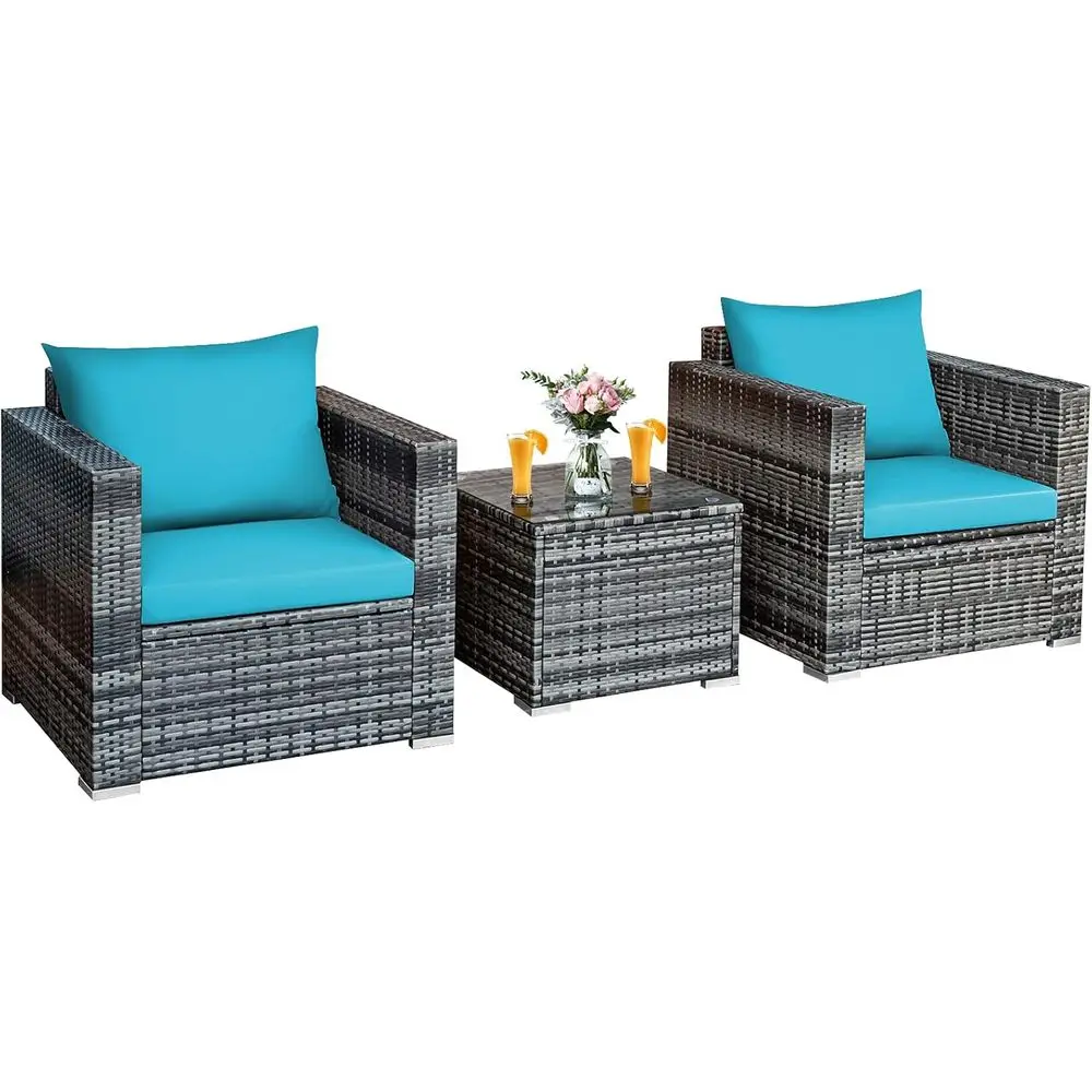 Turquoise 3-Piece Outdoor Wicker Patio Furniture Set with Cushions and Coffee Table for Backyard, Balcony, or Poolside