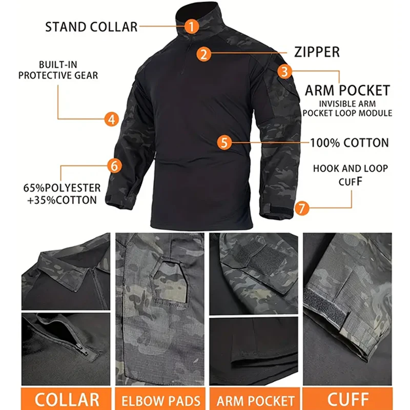 US Army Training Tactical Shirt Men Camping Hunting Cotton Combat Military Shirts Camoufalge Uniform Clothing With Elbow Pads