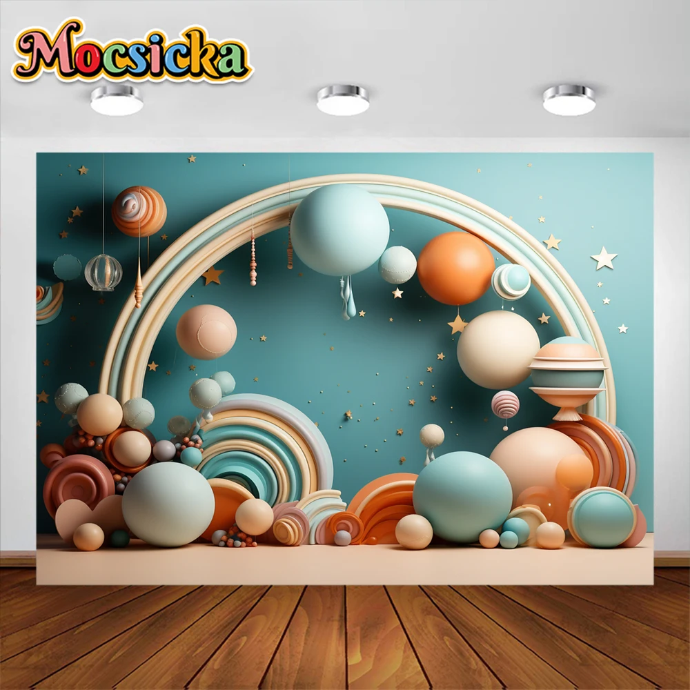 Balão de ar quente fotografia fundo, cortinas azuis, franja folha, lantejoulas, chuveiro de bebê, menino, decoração de aniversário