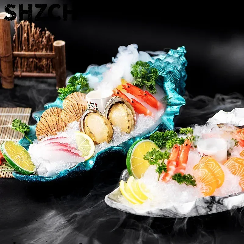 Luxury Conch Sashimi Platter with Dry Ice Tray - Non-Toxic Porcelain Serving Dish for Sushi Salmon Crudo Presentation