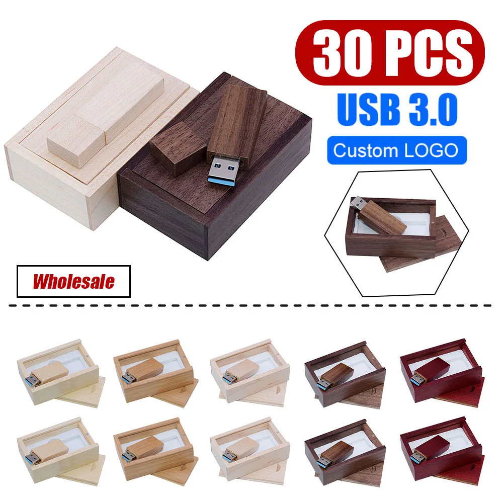 30 stks/partij Flash Drive Usb 3.0 Houten + Box Pen Drive 8GB16GB 32GB 64GB128GB U Disk Gratis Aangepast Logo voor Fotografie Huwelijkscadeau