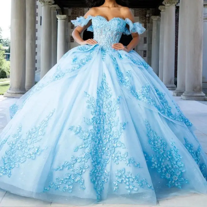 

Sky Blue Shiny Ball Gown Quinceanera Dresses Off the Shoulder Applique Lace Tull Party Birthday Sweet 16 Vestidos 15 Customized