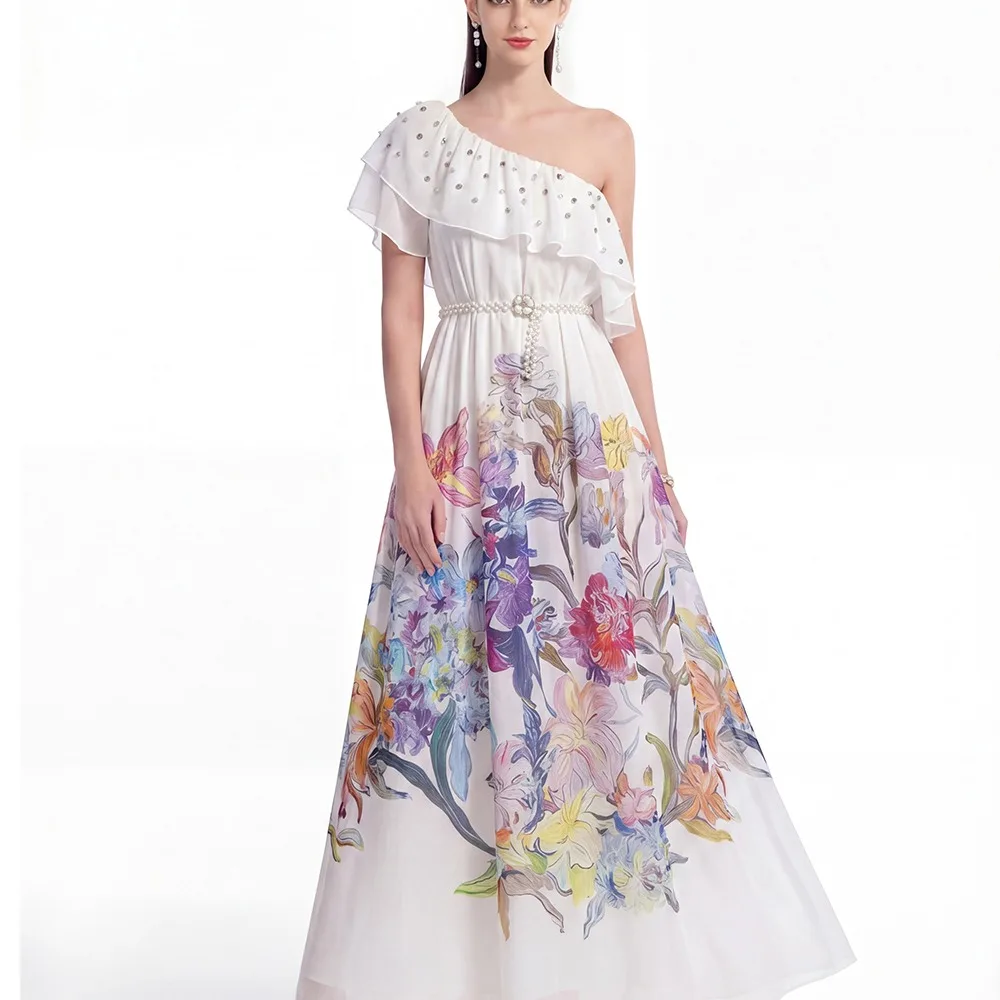 

Summer New Loose Design Sense Retro One Shoulder Beach Skirt Slimming Waist Cinched Beach Dress Floral Print Casual Dresses