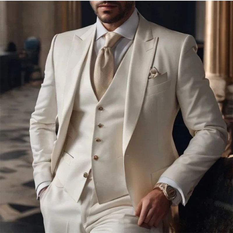 

High Quality Peak Lapel Single Breasted Men Suits Formal Wedding Party Male Clothing Slim Fit 3 Piece Jacket Pants Vest Blazer