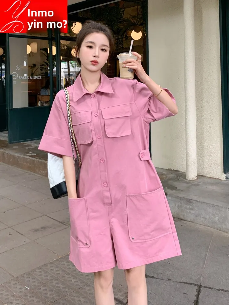 

Pink Workwear Jumpsuit Women's Summer Casual High Waist Wide Leg Short Pants One-Piece Suit Korean Style Anti-Aging Small Size