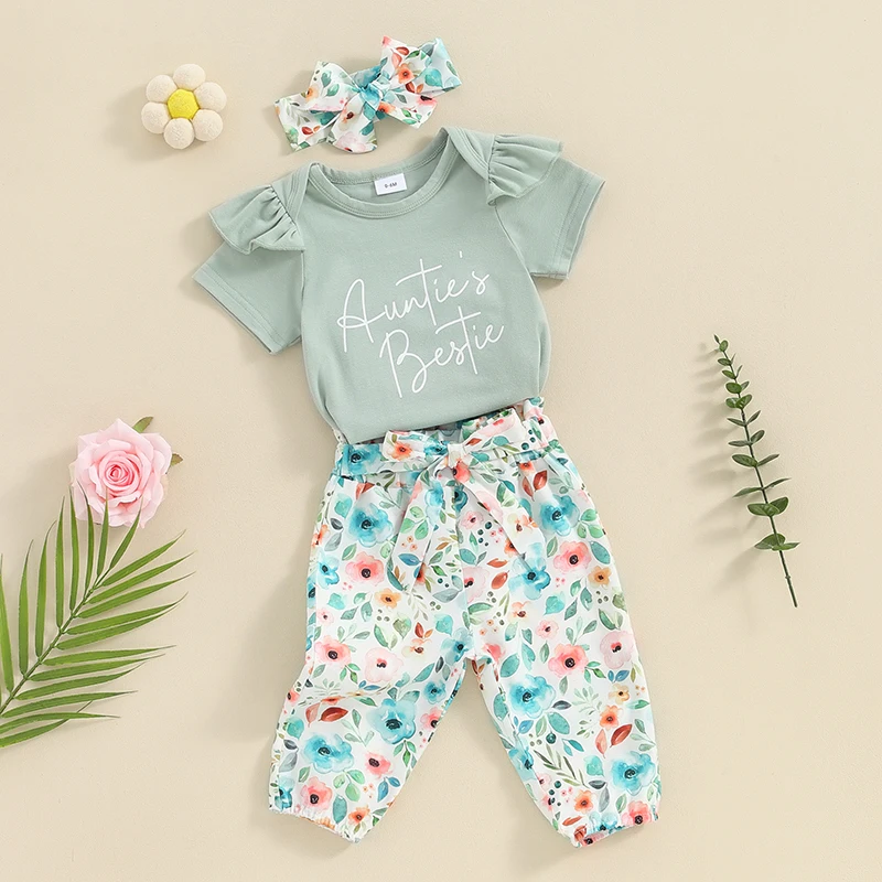 

Newborn Baby Girl Outfits Auntie Is My Bestie Short Sleeve Romper Floral Pants Headband 3Pcs Coming Home Outfit