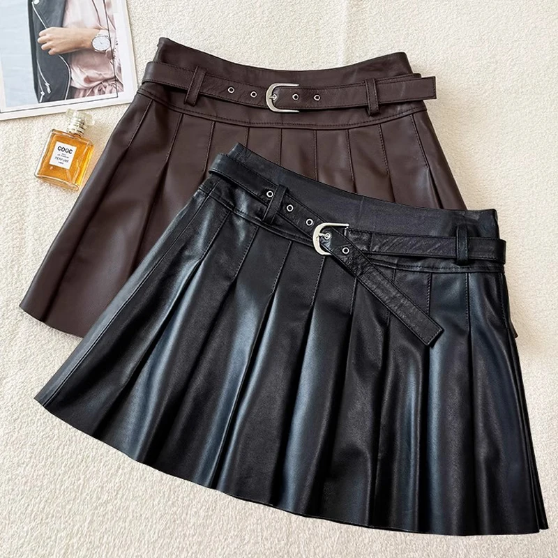 2025 New Real Leather Pleated Skirts for Women High Waist Anti-exposure Lining A-line Slim Sheepskin Mini Short Skirts S-4XL