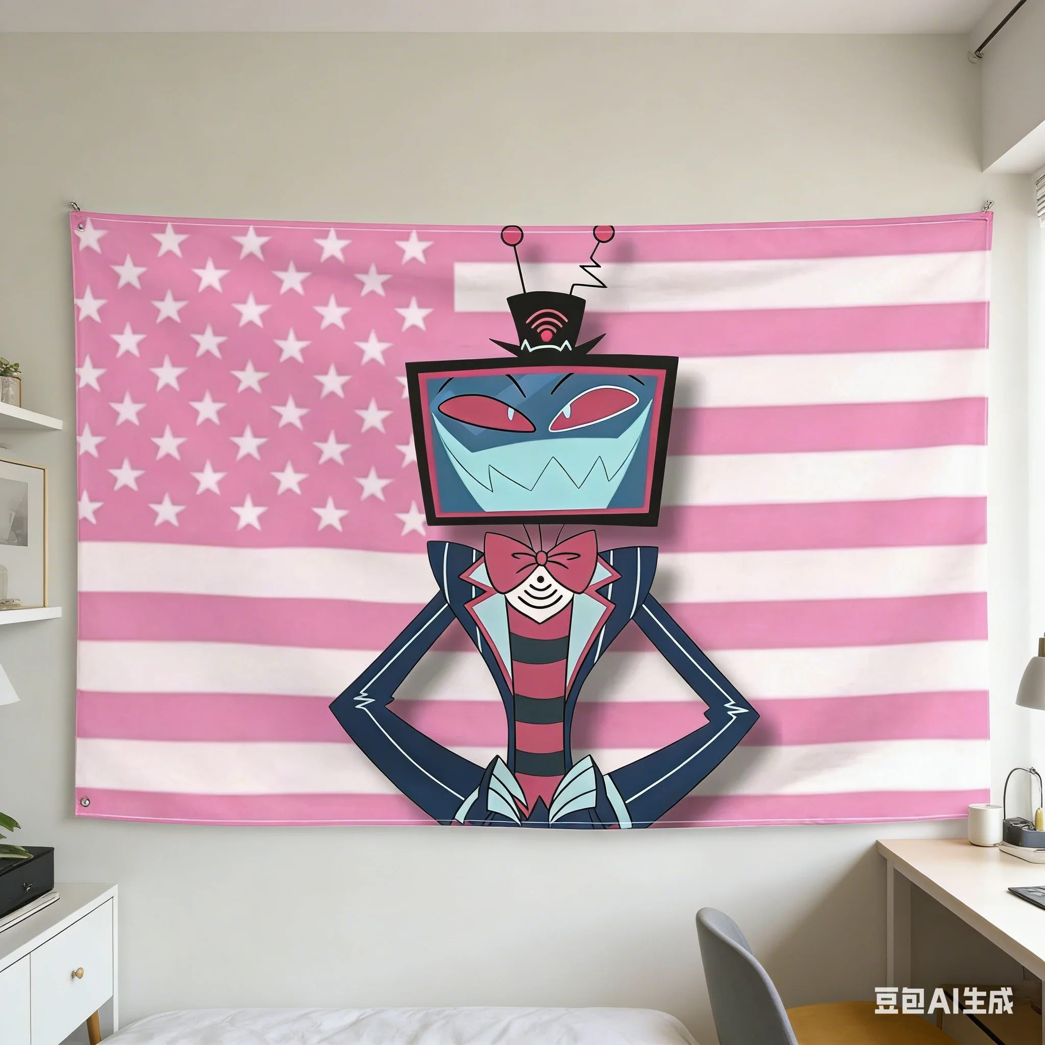 1pc Demon Cartoon TV Man Tapestry, Polyester 2D Flat Wall Art, Edgy Decor for Gaming Room Bedroom, Cool Streetwear Vibe & Gift