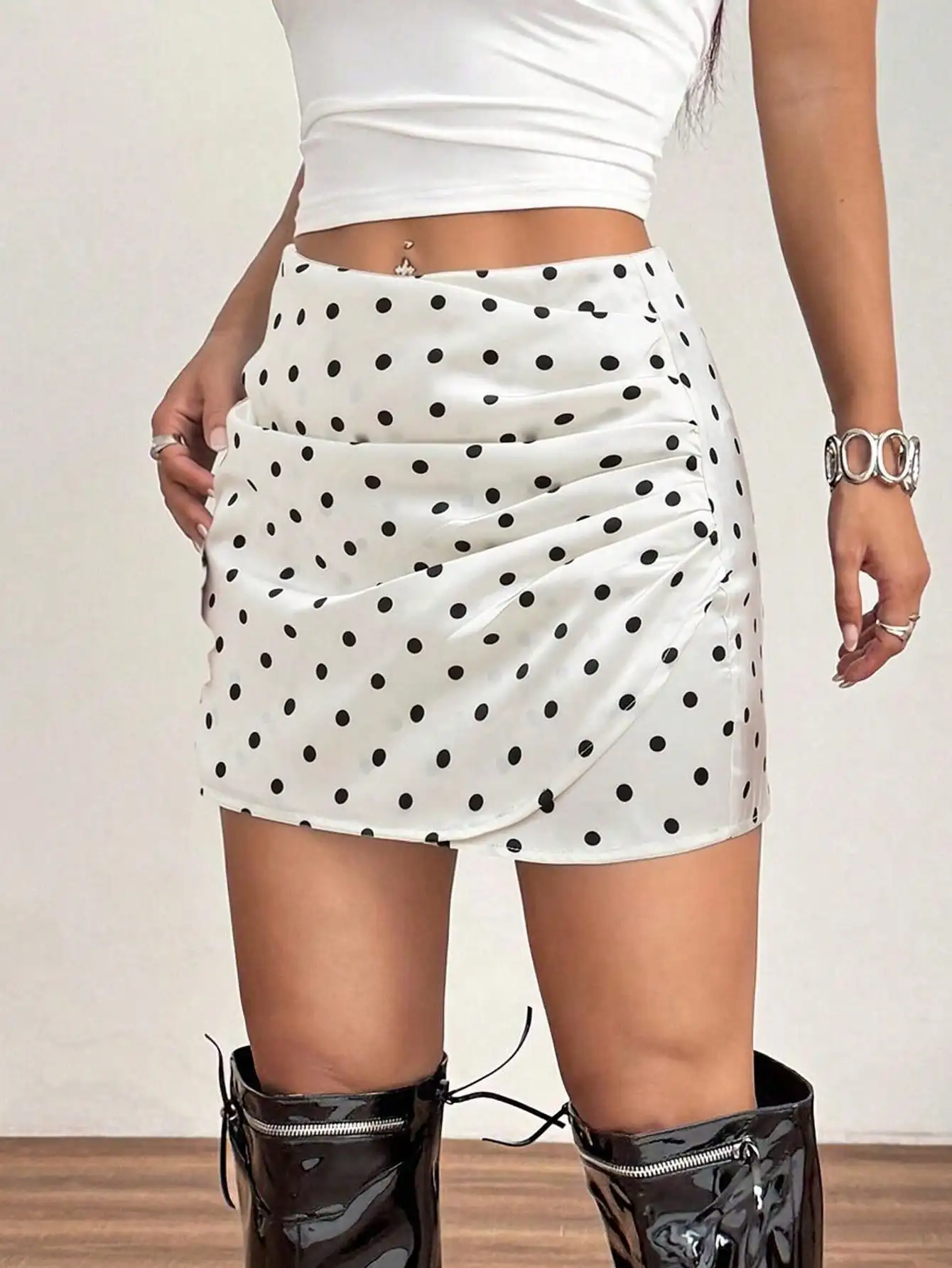 

Women's High Waist Ruched Polka Dot Wrap Mini Skirt, Satin-Like Casual Skirt for Daily & Dates