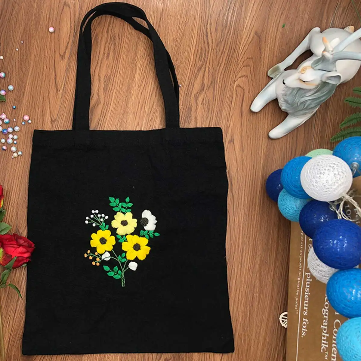 Unfinished Embroidery Kit Flower Black Shoulder Shopping Bag Casual Tote Sewing Cross Stitch Set Thread Tools Material Pack