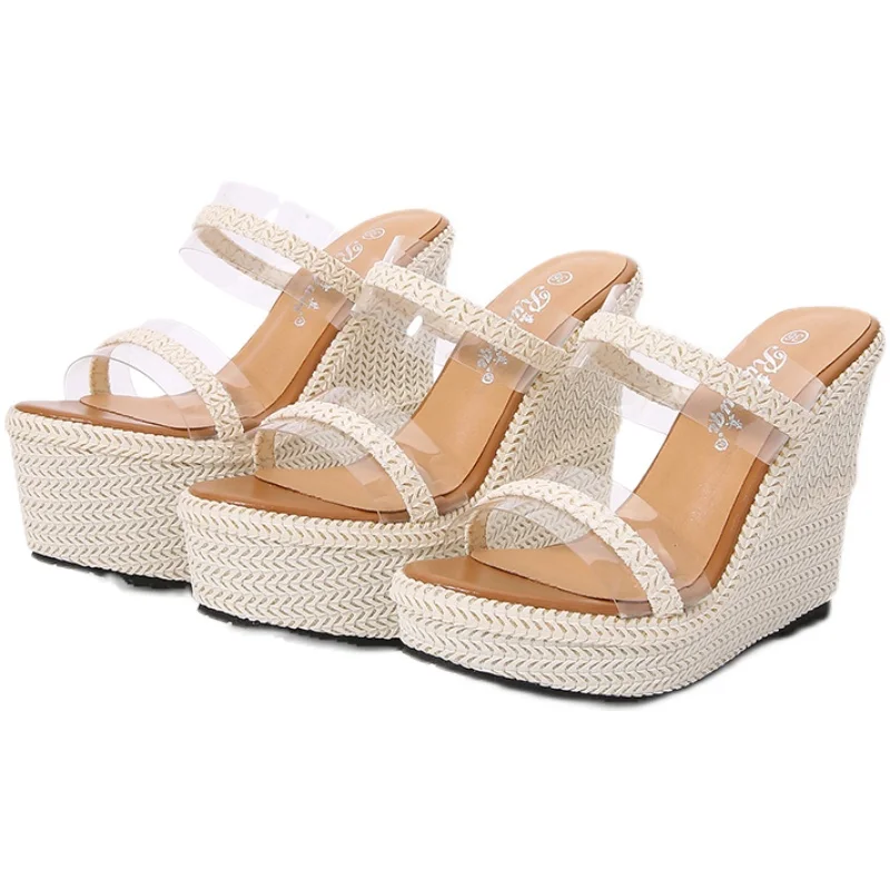 

Размер 30-45, модные тапочки на танкетке на высоком каблуке, женская летняя обувь, однотонные однотонные тапочки большого размера с открытым носком небольшого размера