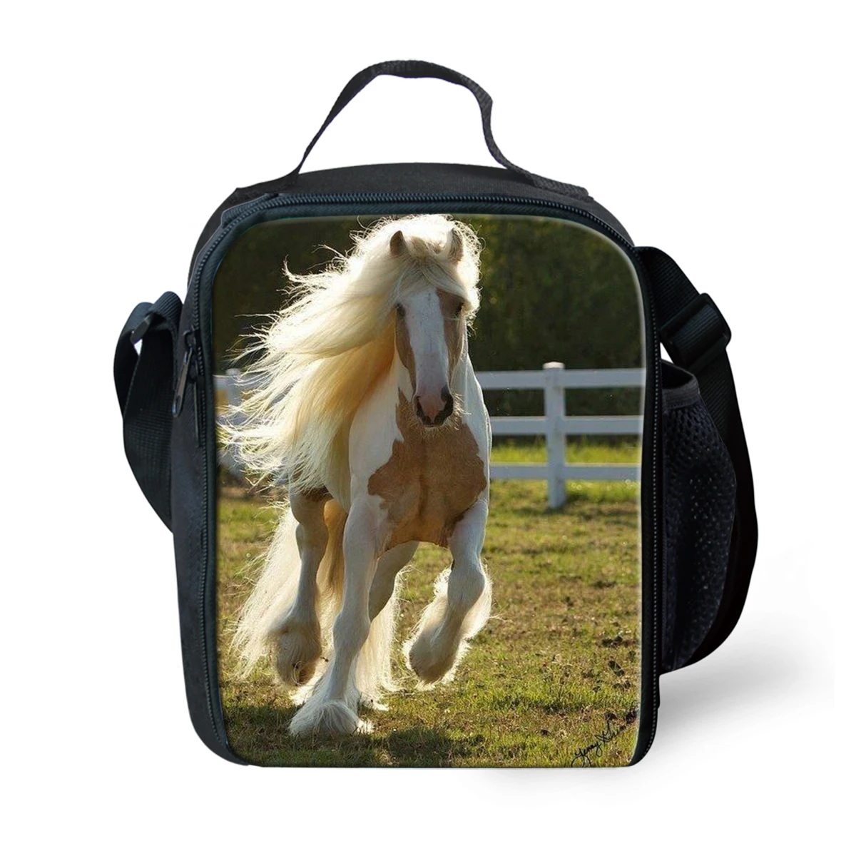

Classic Crossbody Fire Crazy Horse Lunchbox Thermal insulation Food Lunch Bag 3D Printed Picnic Insulated Handbags Ice Bags