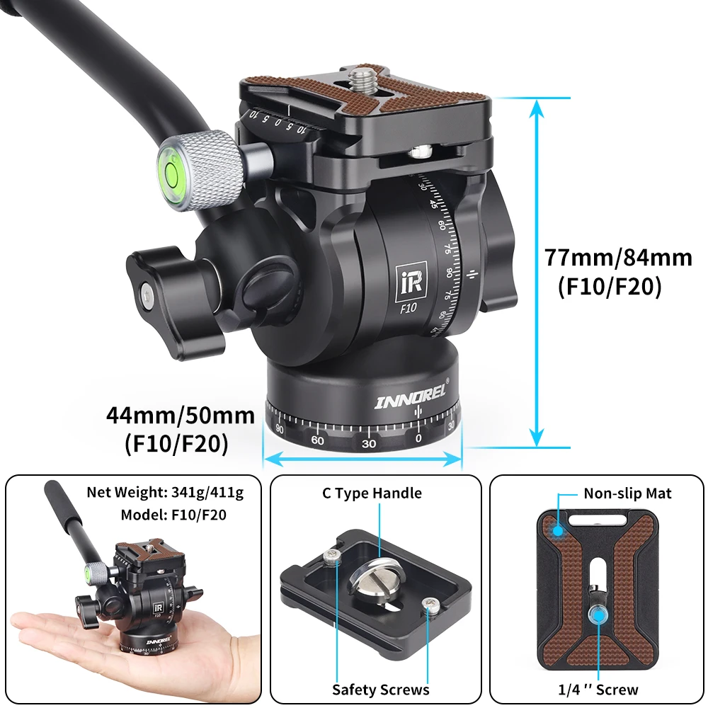 F10/F20 미니 삼각대 유체 헤드, 파노라마 비디오 DSLR 카메라 삼각대 헤드, Arca Swiss 퀵릴리즈 플레이트, 삼각대용 모노포드