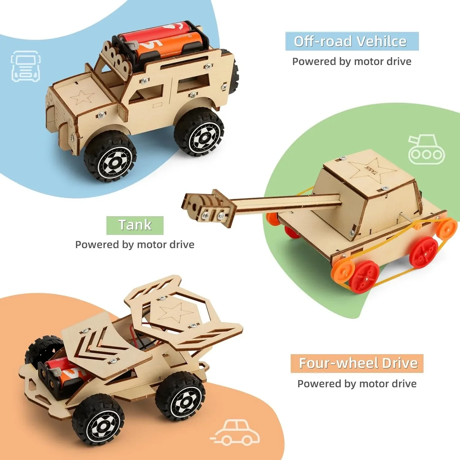 6 in 1 Wood Car Building Kits with Helicopter Tank STEM Kits DIY 3D Wooden Puzzles Craft Projects Science Set for Kids Boys