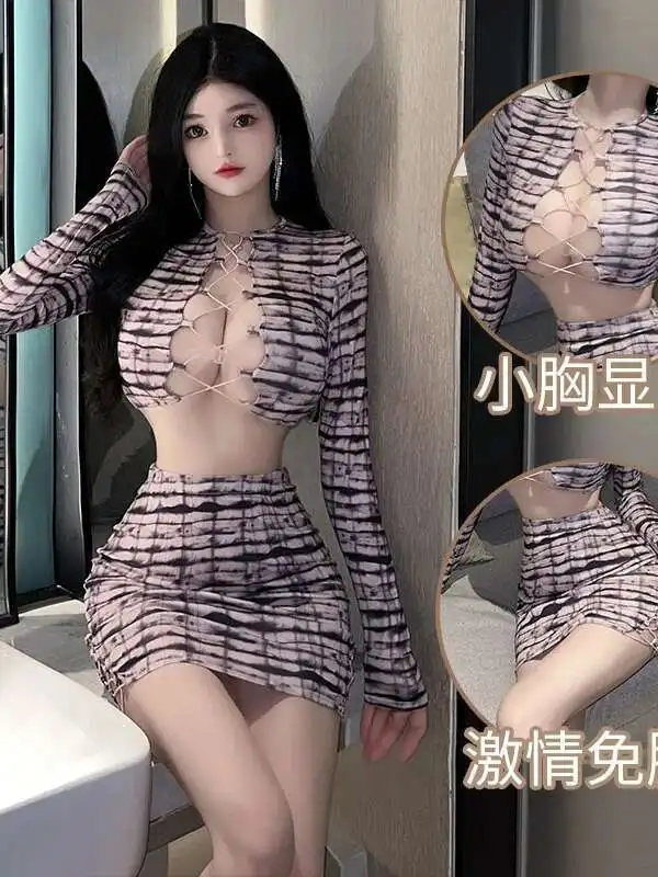 WOMENGAGA Sexy Print Long Sleeve Cross Tied Revealing Chest Seductive Spicy Girl Dress Elegant Zebra Stripes Sexy Korean B1HX