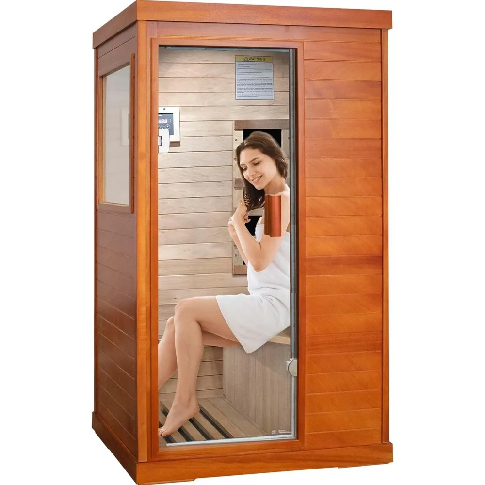 Sauna 1 Person Wood Sauna Okoume 800W/110V Low Emf Dry Sauna with Tempered Glass Door/Speakers/Air Hole and LED Lighting