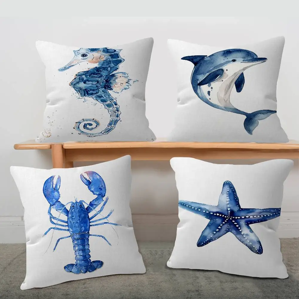 

Watercolor Blue Coastal Sea Creatures Pillow Gift Home Office Decoration Bedroom Sofa Car Cushion Cover case 45x45