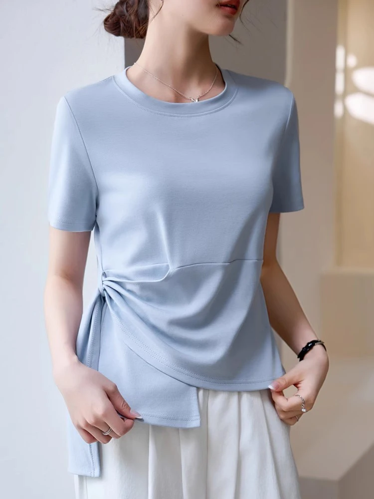 New Women Summer Irregular Design Short T-shirt Fashion O-Neck Short Sleeve Slim Waist Asymmetric T-shirt Casual Cotton T-shirt