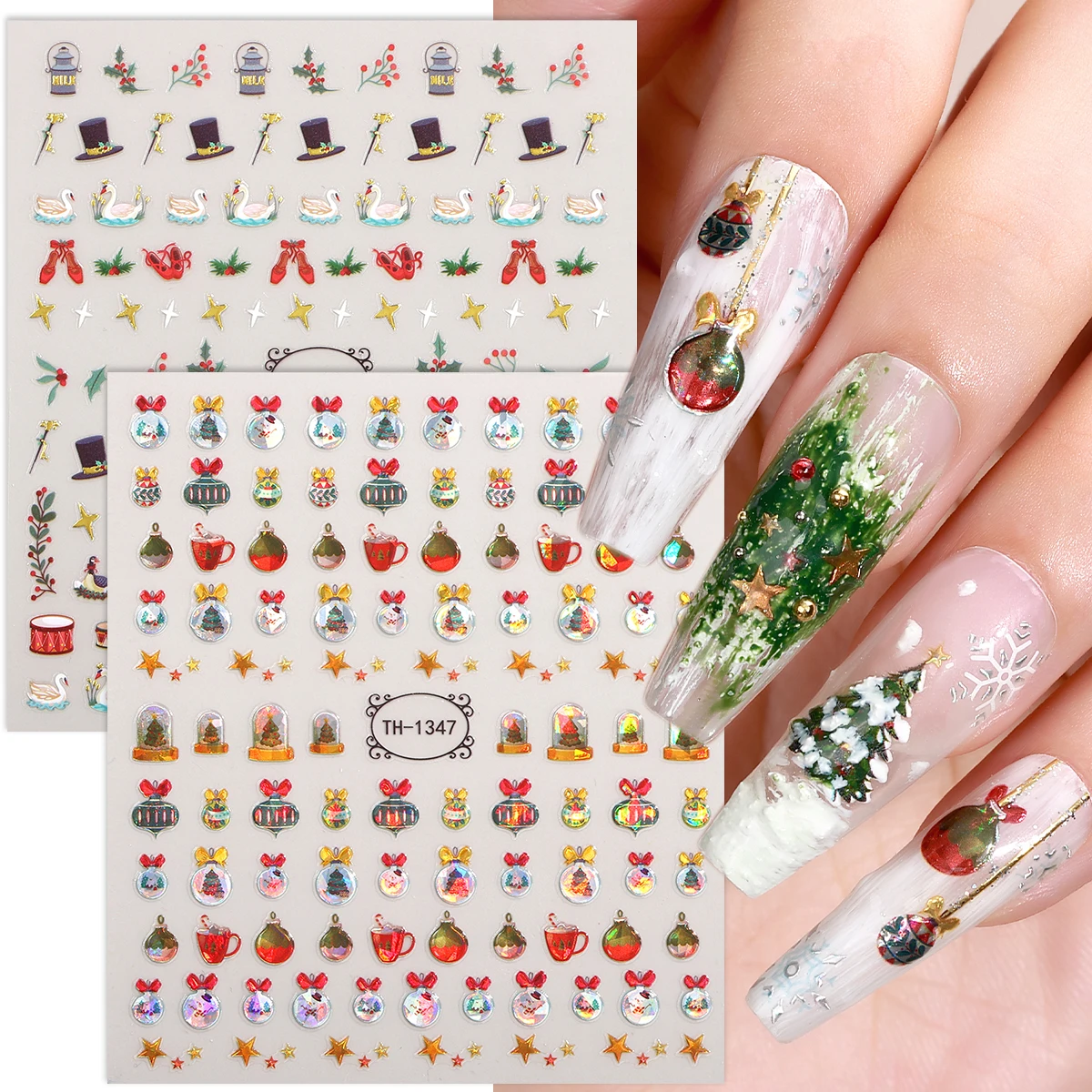 

2pcs 3D Christmas Nail Art Stickers Glitter Crystal Ball Star Christmas Tree Design Adhesive Nail Decal Winter Manicure Decor