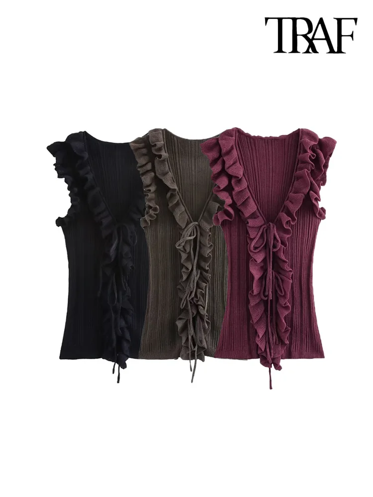 TRAF-Ribbed Knit Sweater with Ruffles for Women, Front Tied, V Neck, Sleeveless, Female Waistcoat, Chic Tops, Fashion